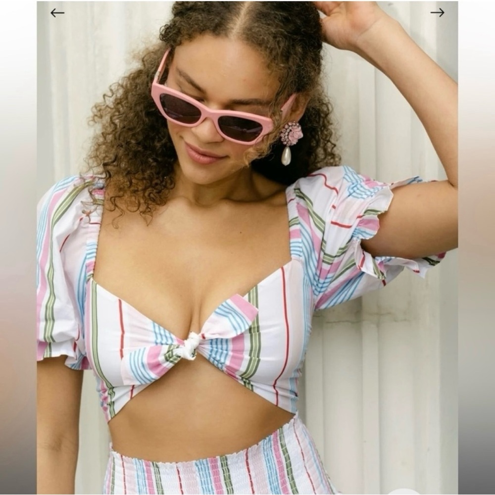 NWT HILL HOUSE | The Isabella Top Rainbow Stripe Puff Sleeve Tie Front Top Sz M